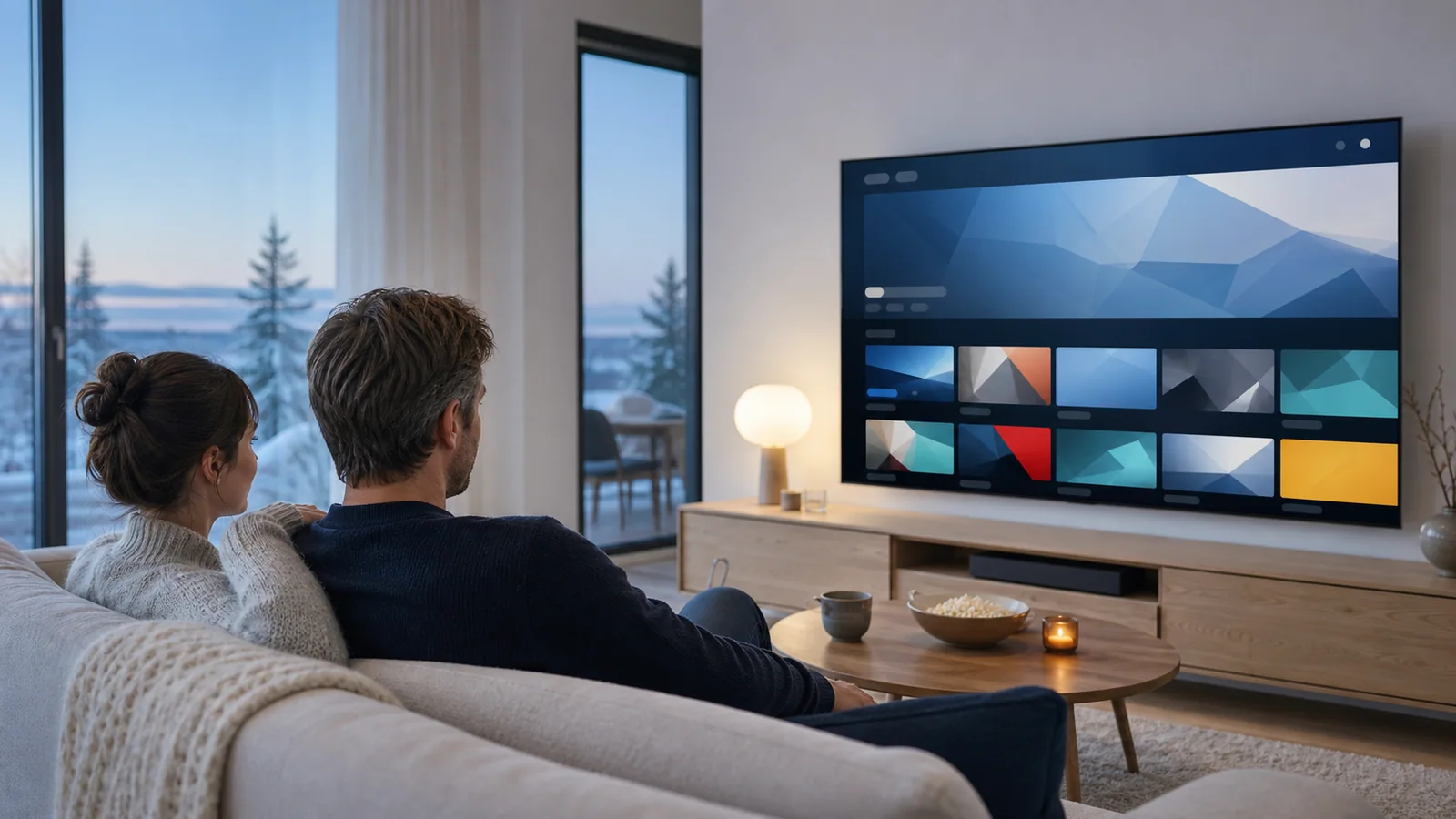 Pariskunta katsoo olohuoneessa televisiota, jonka näytöllä on suoratoistopalvelun ohjelmavalikko talvi-iltana